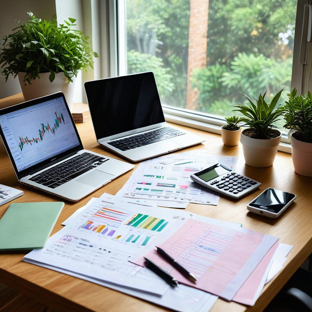 A serene workspace showcasing a beautifully organized desk with a notebook, calculator, and colorful charts depicting various financial graphs. Soft natural light filters through a window, illuminating green plants and stylish decor. A person of diverse background is engaged in planning their finances, expressing focus and positivity. Elements of digital finance are subtly integrated with mobile devices displaying apps for budgeting and investment. pastel colors. minimalistic design.