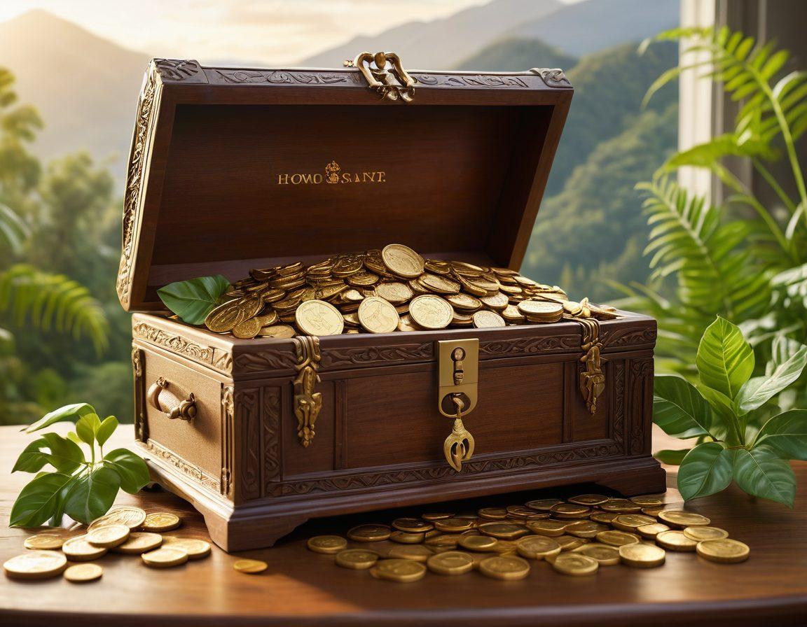A luxurious golden key unlocking a treasure chest filled with coins and various symbols of wealth such as dollar signs and graphs showing upward trends. In the background, a serene landscape depicting financial stability and growth with gentle hills and a bright sun. Add elements representing strategies like a growing plant symbolizing sustainable income. super-realistic. vibrant colors. white background.